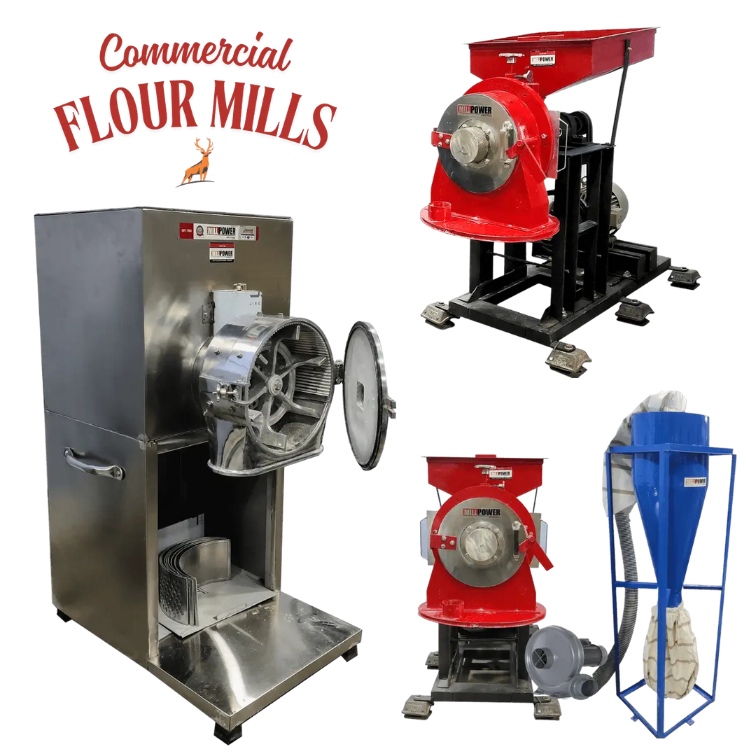 Collection of commercial flour mills with a prominent 'Commercial Flour Mills' logo.